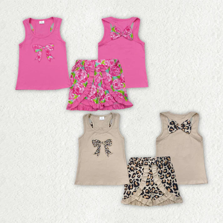 embroidery bows leoaprd/flowers shorts girls Set RTS Sibling Clothes