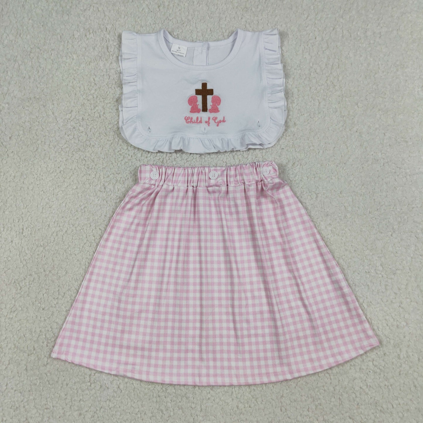 Embroidery GSD3201 Easter Cross Child Of God Pink Checkered Girls Dress