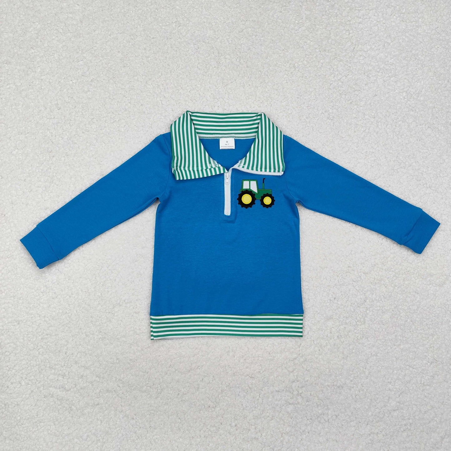 embroidery BT0892 cute tractor blue zipper long sleeve boys pullover