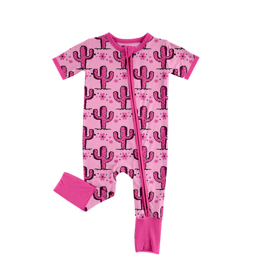 preorder SR0938 Western Cactus Flowers Hot Pink Short Sleeve Zipper Girls Romper