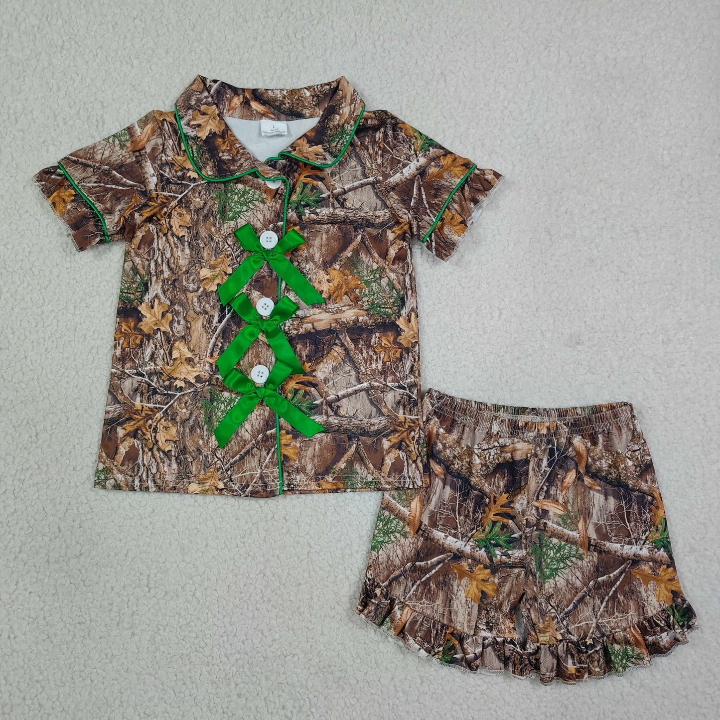 GSSO3365 Hunting Camo Bows Short Sleeve Shorts Girls Pajamas