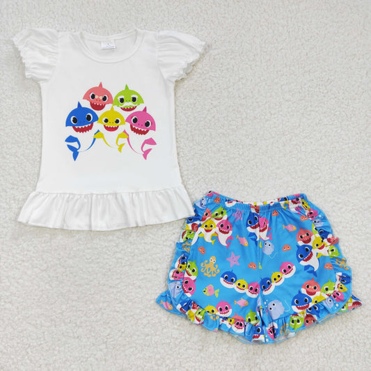 A13-11 Shark Print Short Sleeve Girls Summer Outfits