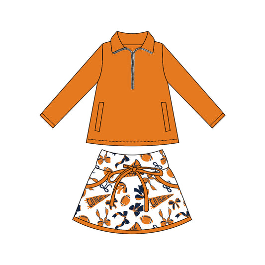 custom moq 3 football item yoga orange zipper long sleeve cheer bows skorts skirt girls set