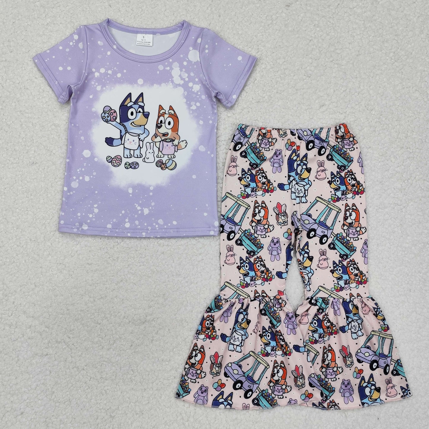 GSPO1788 Easter cartoon blue dog bunny rabbit purple short sleeve flowers pants girls set
