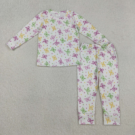 GLP2920 Mardi Gras yellow purple green bows long sleeve pants girls pajamas