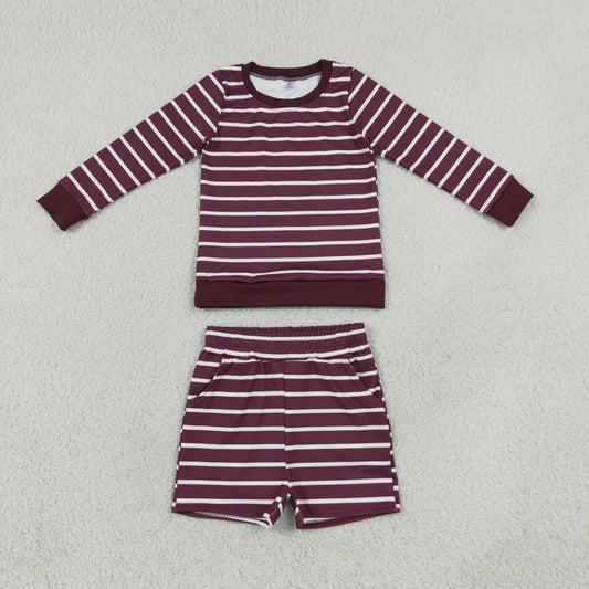 GLS0130 Yoga Maroon Striped Long Sleeve Shorts Girls Set