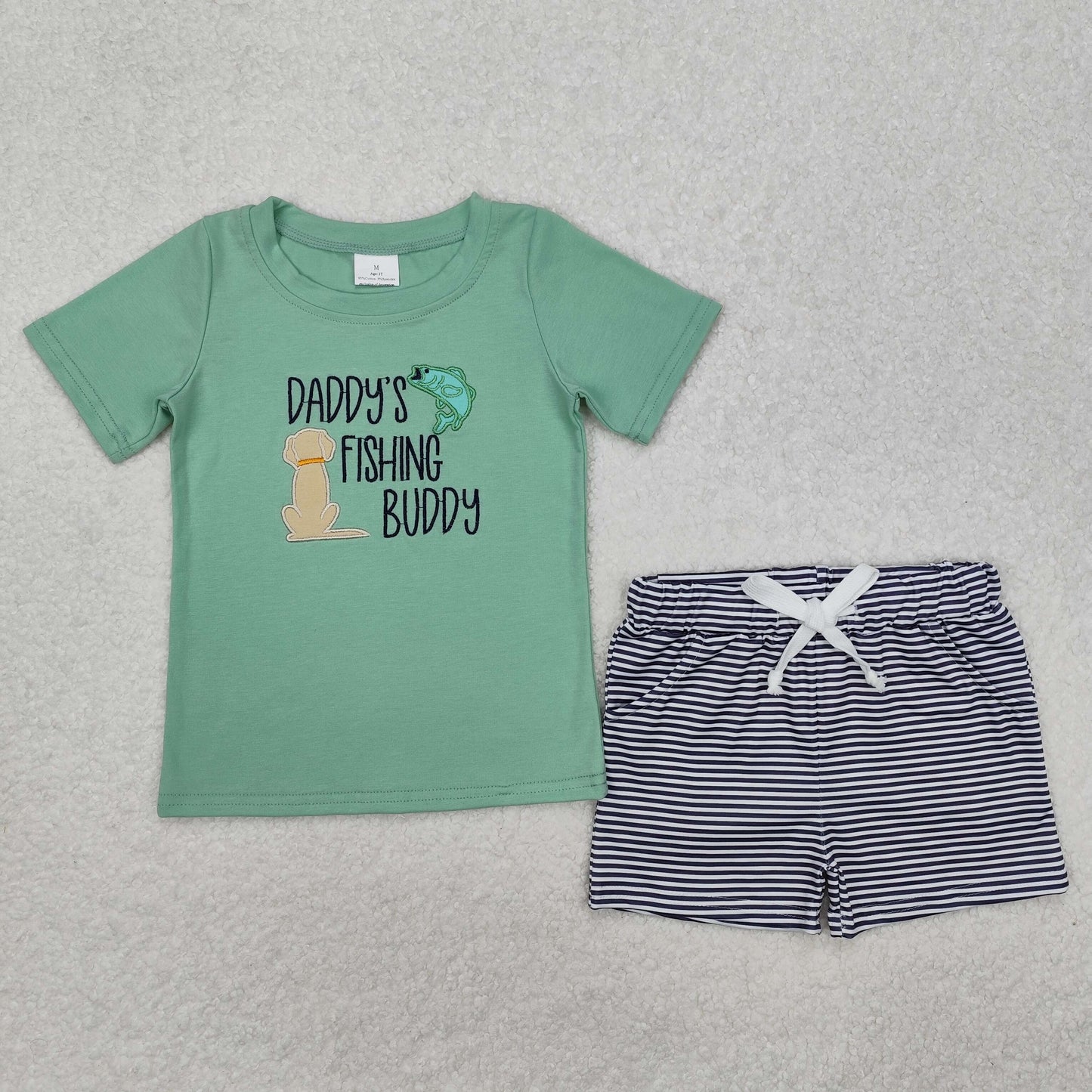 embroidery BSSO1147 daddy's fishing buddy dog green short sleeve black striped shorts boys set