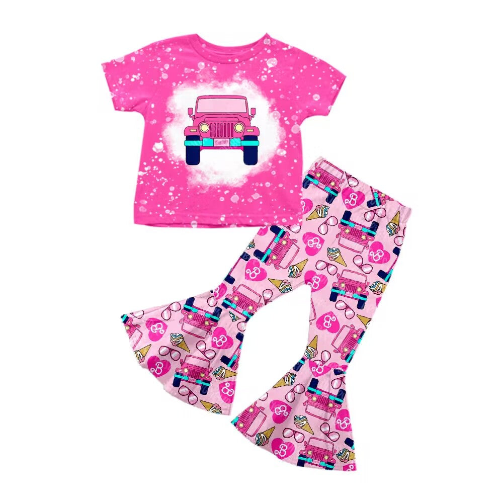 custom BA cartoon car hot pink short sleeve pants girls set