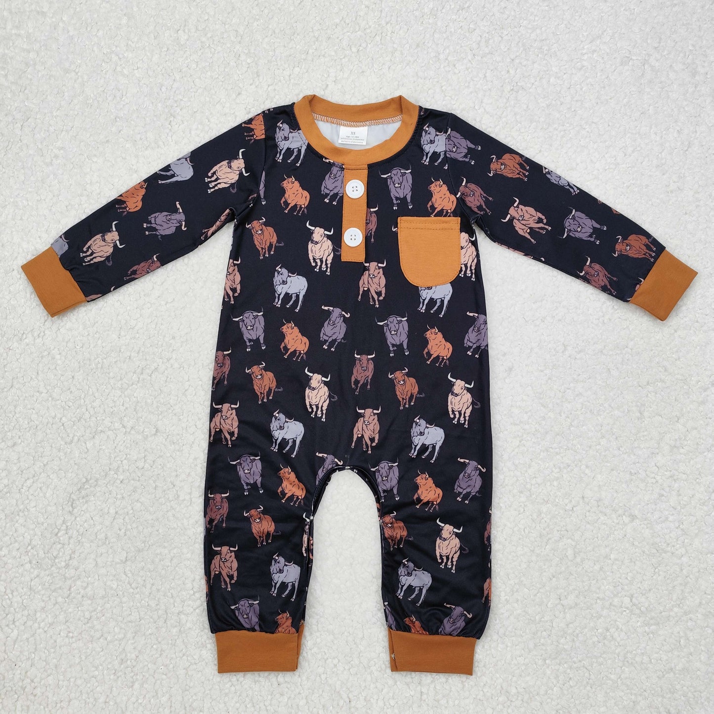 LR1902 farm cow black brown pocket long sleeve boys romper