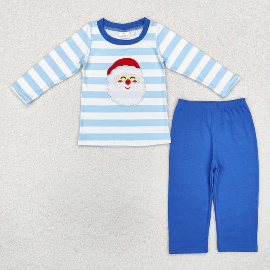 embroidery BLP0810 Christmas Santa blue striped long sleeve blue pants boys set