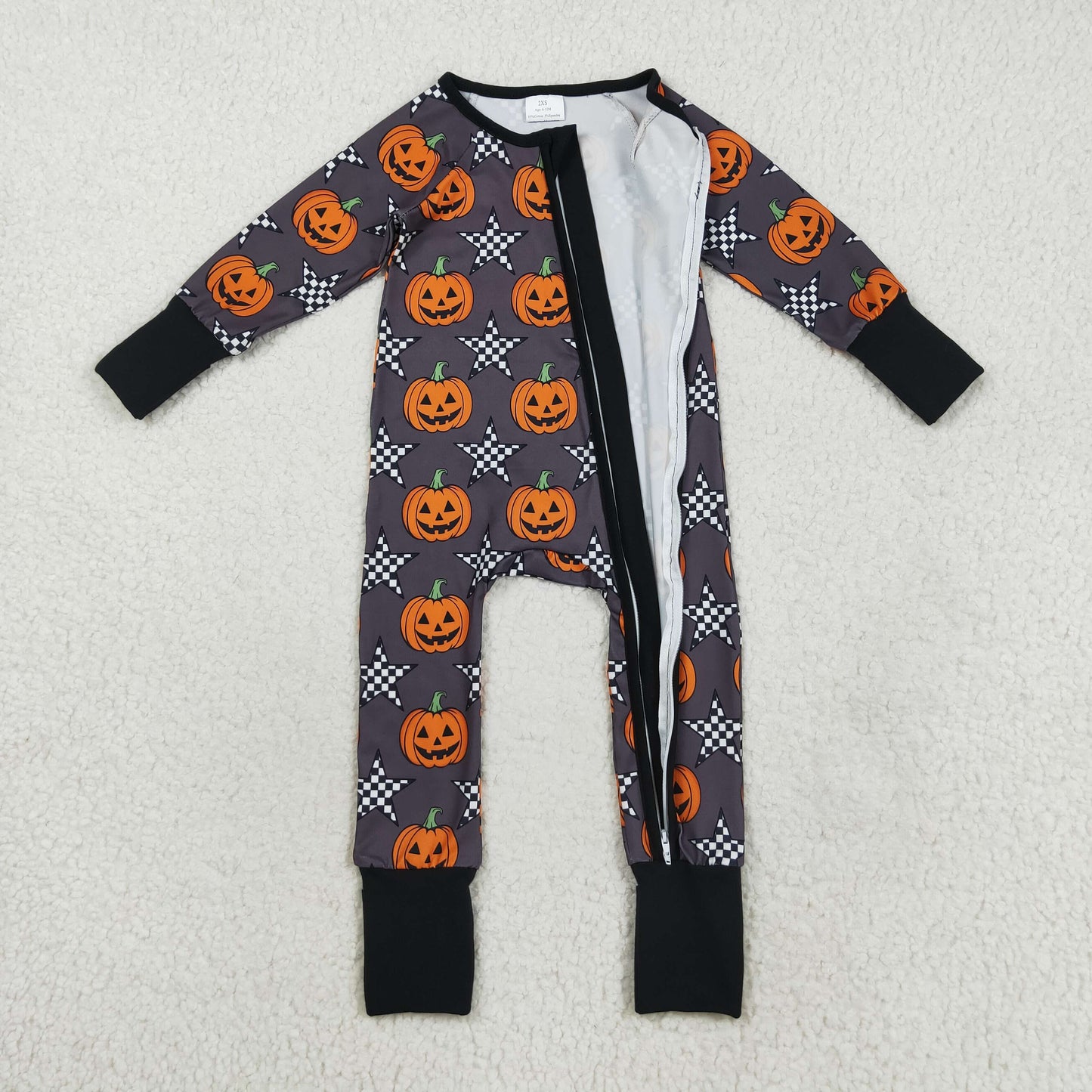 Custom moq 20 bamboo Halloween smile pumpkin star black zipper long sleeve boys romper
