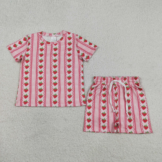 GSSO3649 Pink Strawberry Bows Short Sleeve Shorts Girls Set