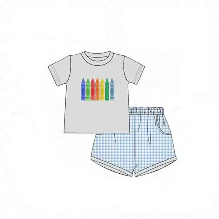 custom back to school pen grey short sleeve blue checkered shorts boys set