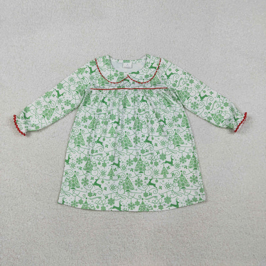 GLD1345 Christmas tree deer green long sleeve girls dress