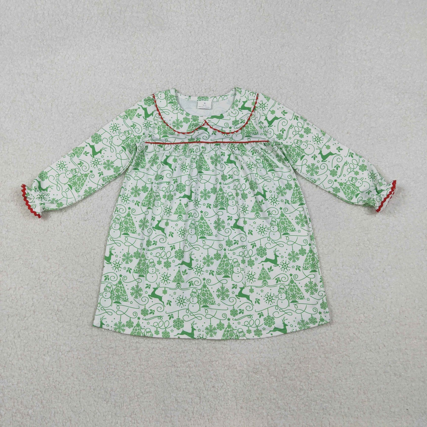GLD1345 Christmas tree deer green long sleeve girls dress