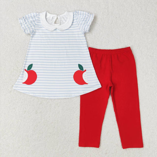 GSPO1446 back to school apple striped short sleeve red pants girls set