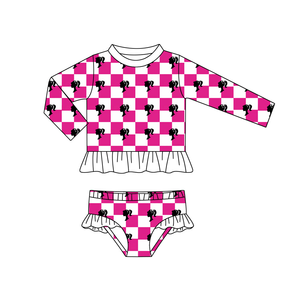 preorder S0258 BA hot pink checkered long sleeve girls swimsuits