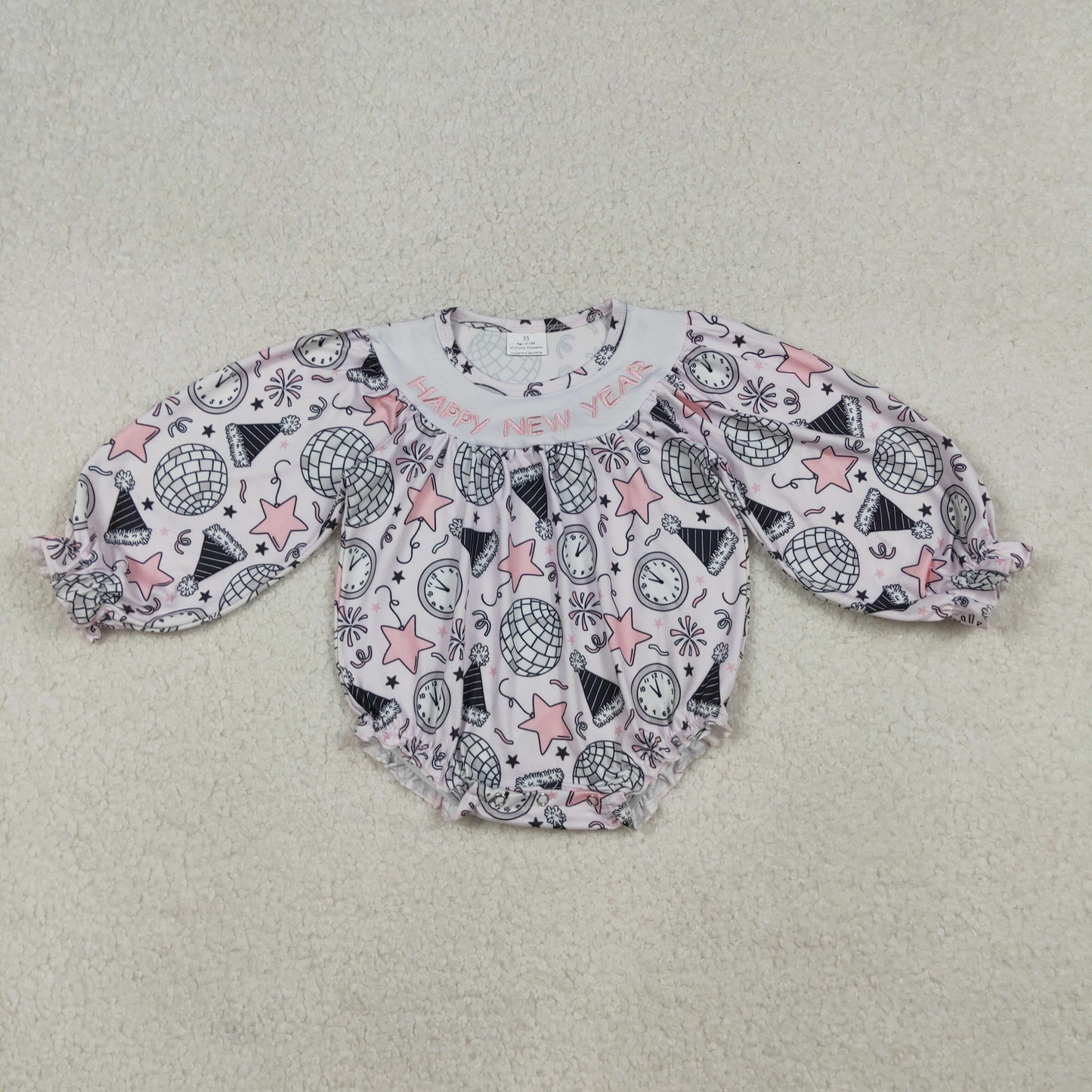 embroidery LR2493 Happy new year firework light star long sleeve girls romper