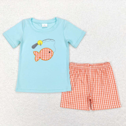 BSSO0288 Fishing blue short sleeve orange checkered shorts boys set