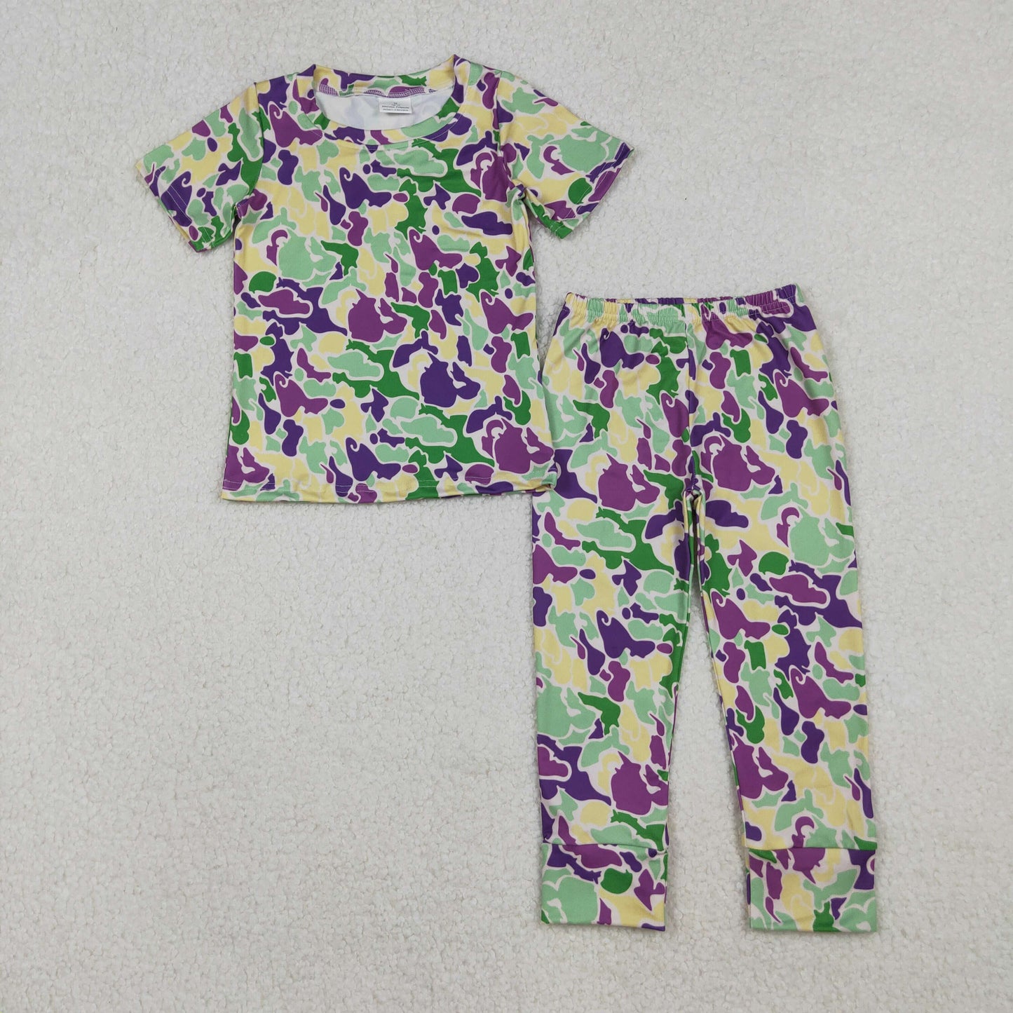 BSPO0584 Mardi Gras purple yellow green camo short sleeve pants boys set