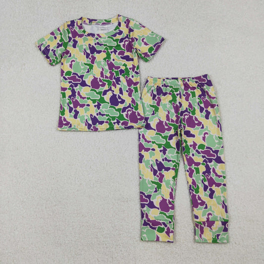 BSPO0584 Mardi Gras purple yellow green camo short sleeve pants boys set