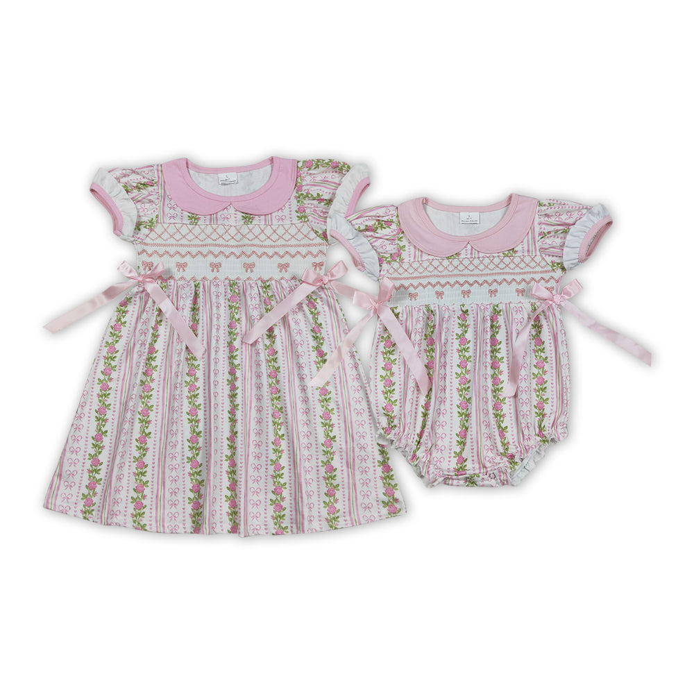 Smocked embroidery pink bows flowers RTS Sibling Clothes