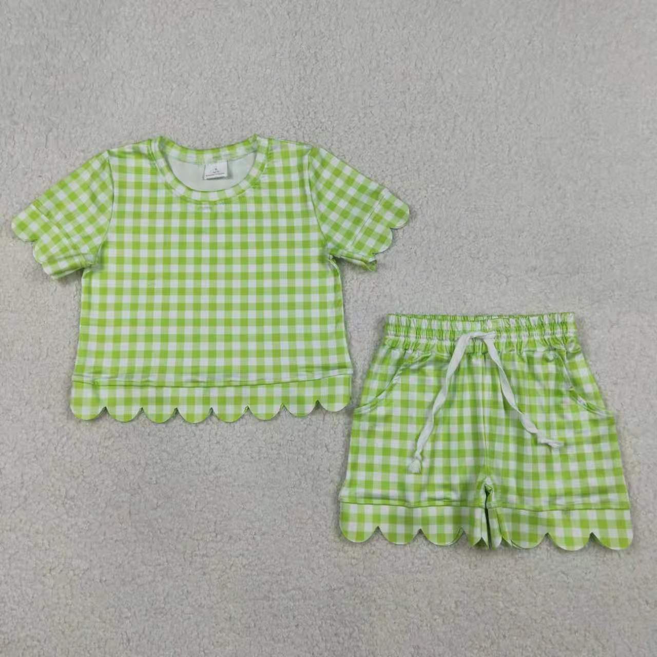 Checkered Scallop Short Sleeve Shorts Girls Set RTS Sibling Clothes