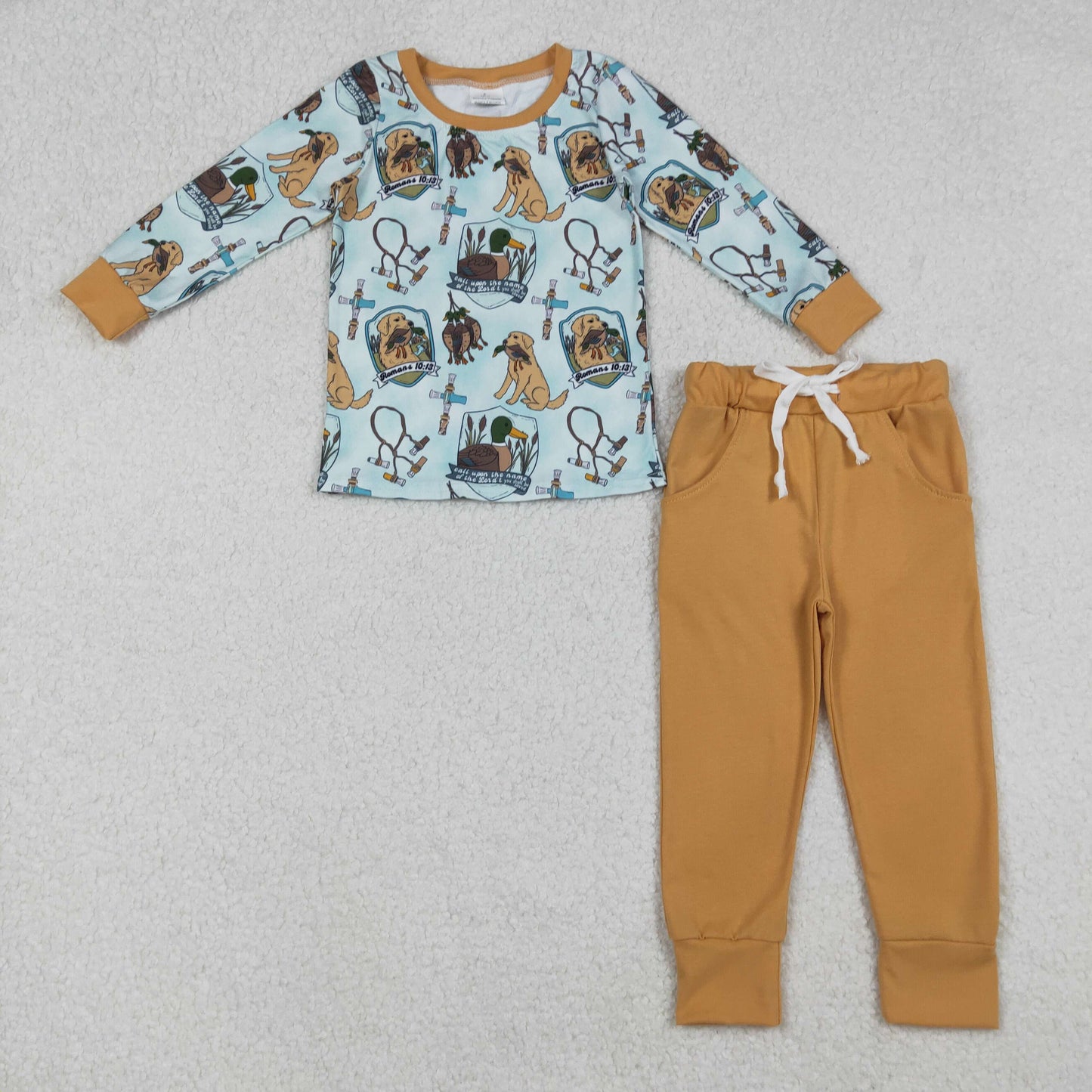 BLP1177 hunting mallard duck dog long sleeve khaki pants boys set