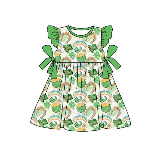 preorder GSD1657 St. Patrick Clover Hat Bows Green Flutter Sleeve Girls Dress