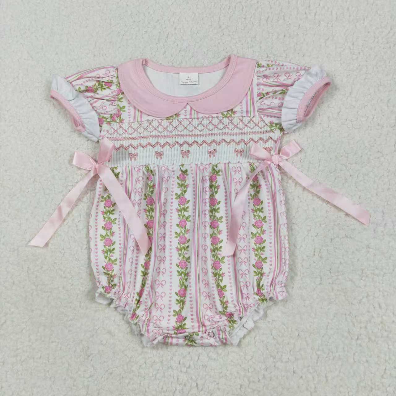 Smocked embroidery pink bows flowers RTS Sibling Clothes