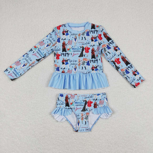 S0295 country singer TS blue long sleeve girls swimsuits