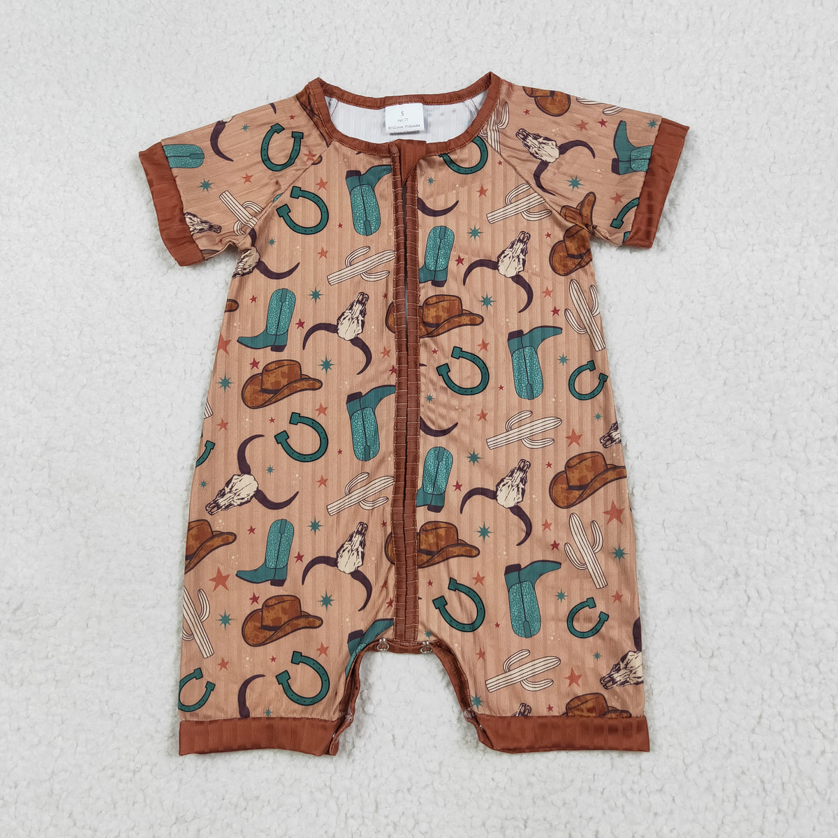 SR3155 ribbed Western cow hat boot brown zipper short sleeve boys romper
