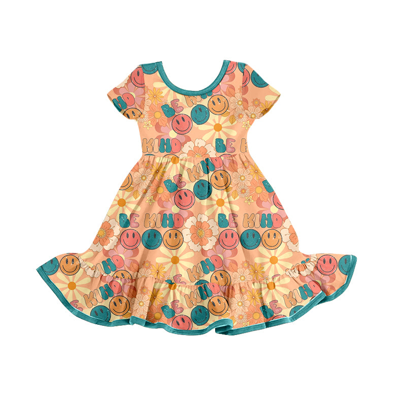 preorder GSD0779 Be kind colorful smile Flowers orange short sleeve girlsdress
