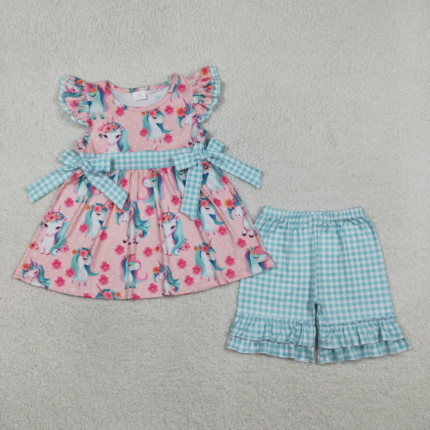 GSSO3747 Unicorn Flowers Flutter Sleeve Shorts Girls Set