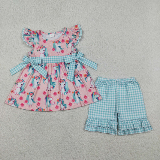 GSSO3747 Unicorn Flowers Flutter Sleeve Shorts Girls Set