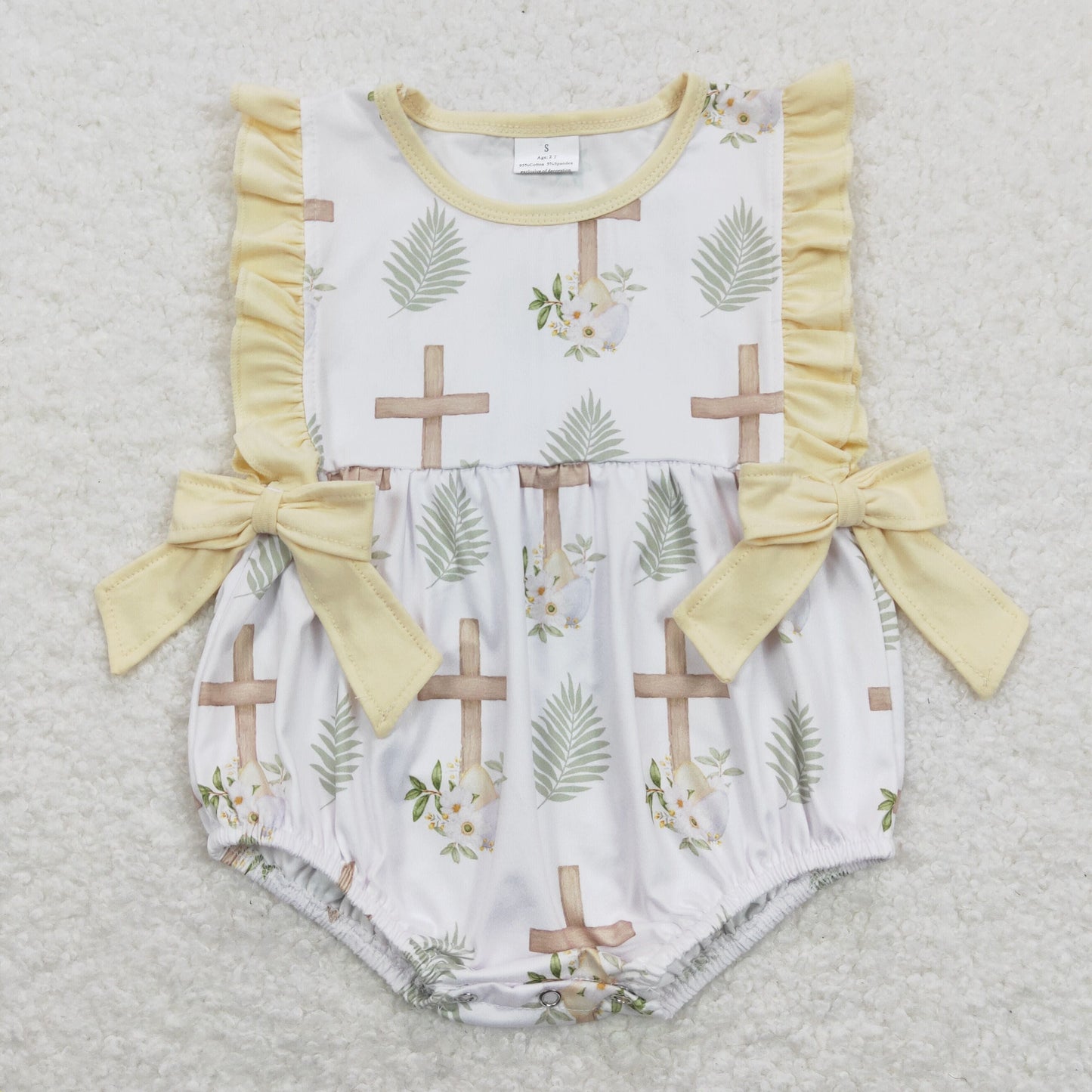 SR0619 Easter cross flowers yellow sleeveless girls romper