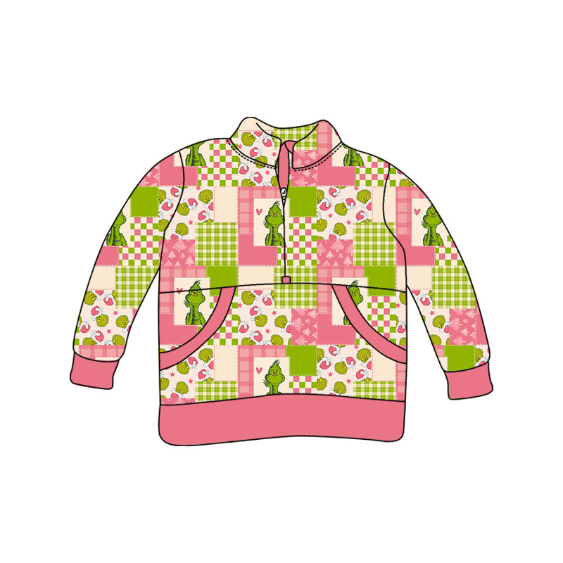 preorder GT0338 Christmas green face pocket pink long sleeve girls pullover