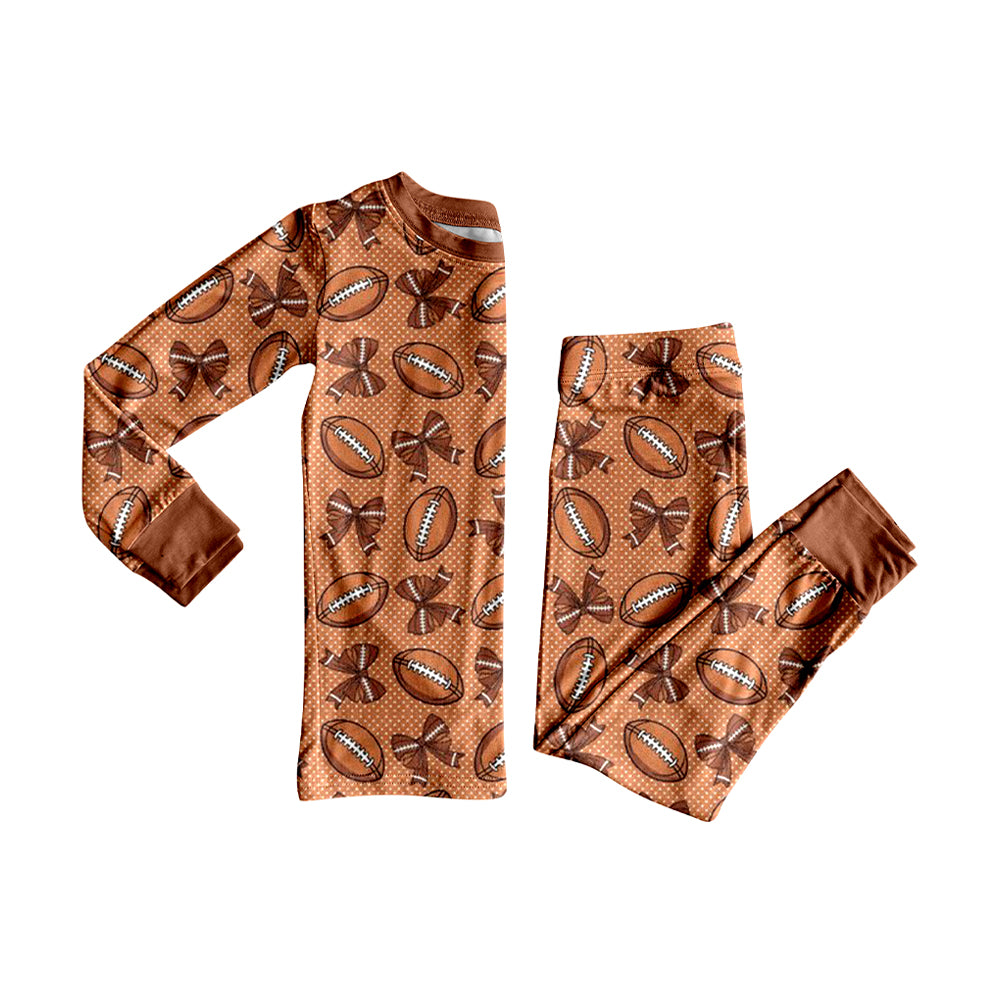 Custom moq 20 bamboo football bows brown dot long sleeve pants boys pajamas