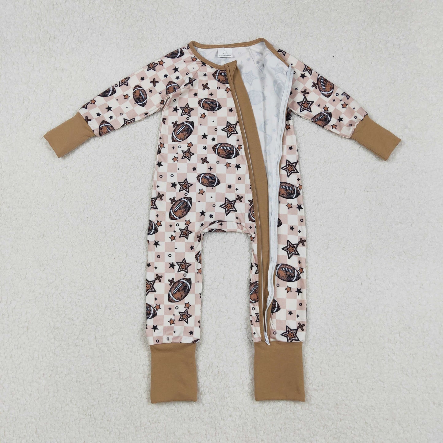LR2548 football star checkered zipper long sleeve boys romper