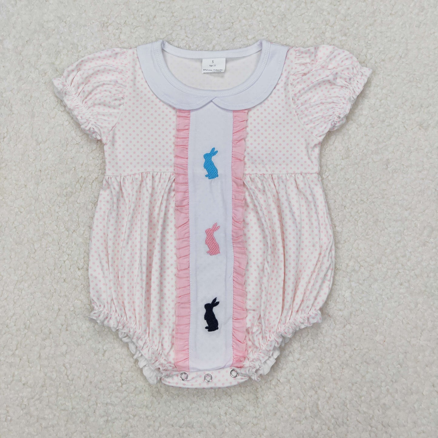 embroidery SR2545 Easter bunny rabbit pink dot short sleeve girls romper