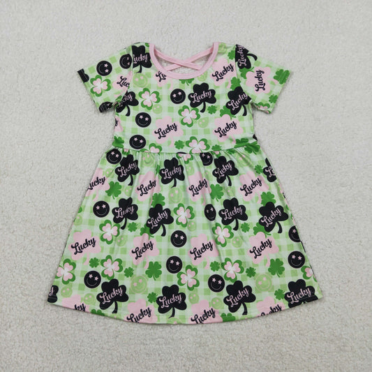 GSD2840 St Patrick lucky clover green pink short sleeve girls dress