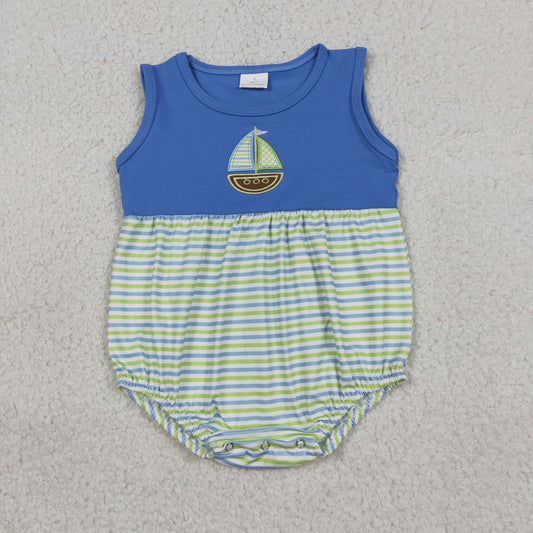 Embroidery SR3892 Sailboat Blue Sleeveless Boys Romper