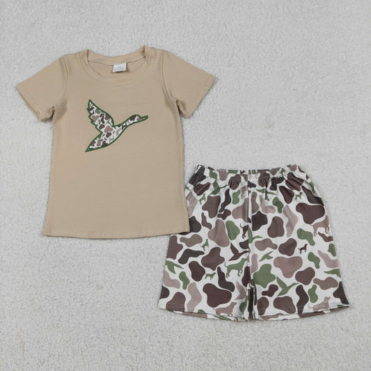 Embroidery BSSO1646 Hunting Mallard Duck Short Sleeve Camo Shorts Boys Set