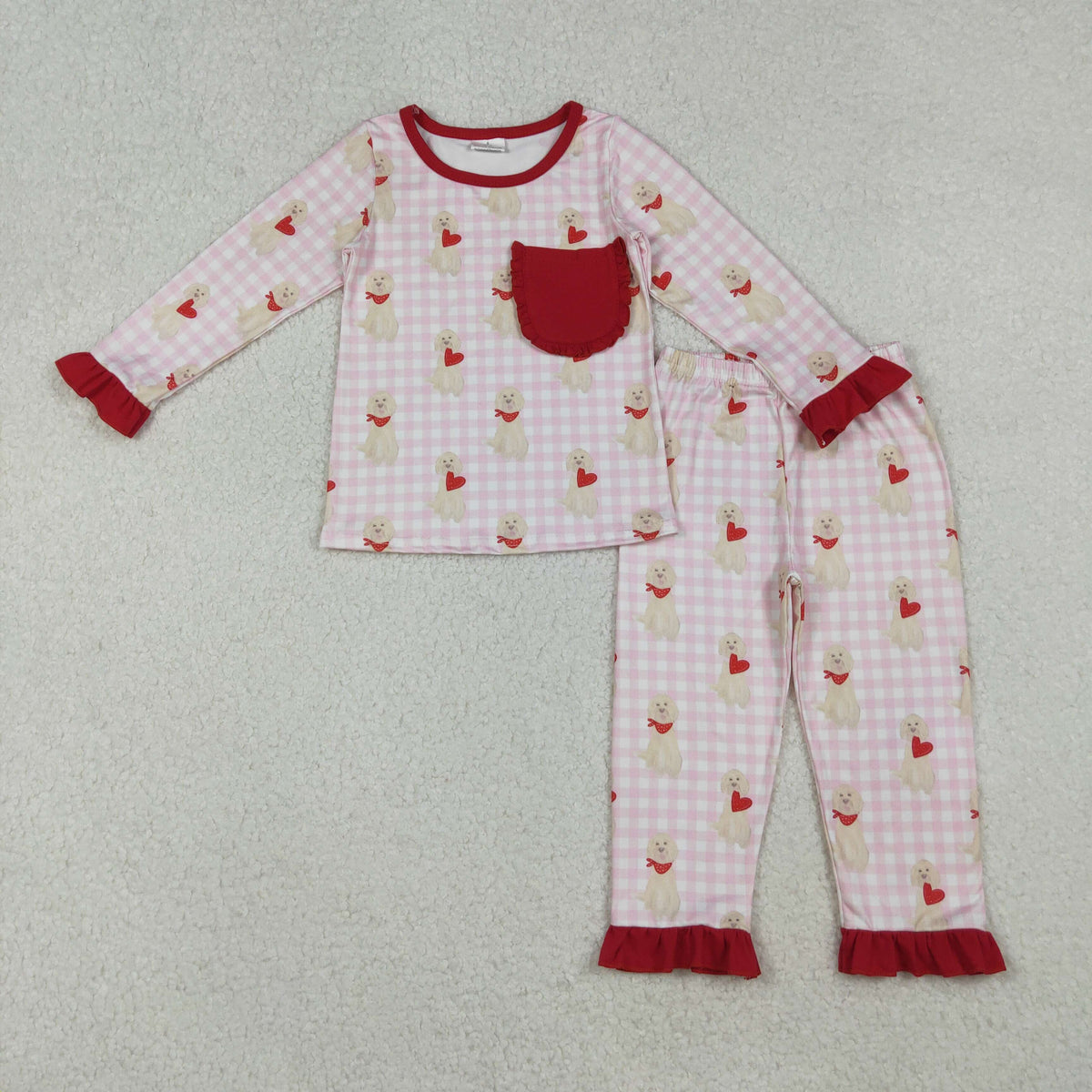 GLP2880 Valentine's Day dog heart pink checkered pocket long sleeve pants girls pajamas