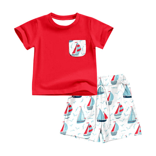 preorder BSSO0552 Red Pocket Short Sleeve Sailboat Shorts Boys Set