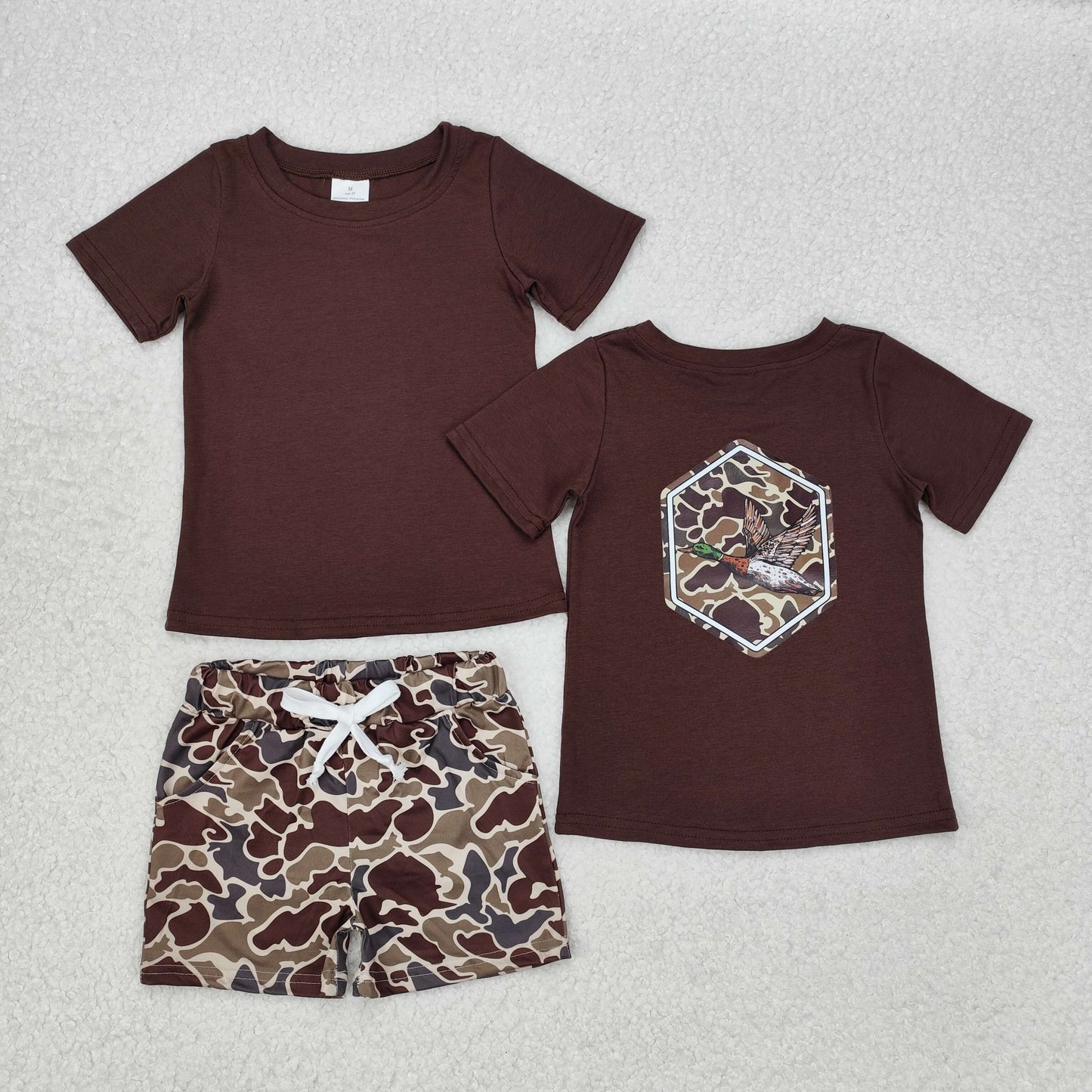 BSSO1061 hunting camo mallard duck brown short sleefve camo shorts boys set