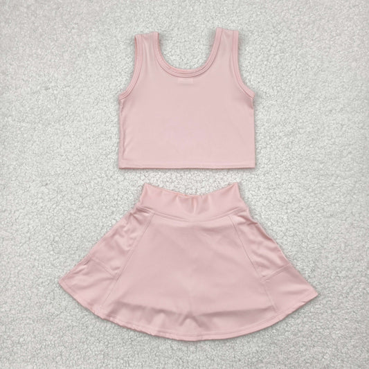 GSD1977 yoga light pink vest skirt with shorts girls set