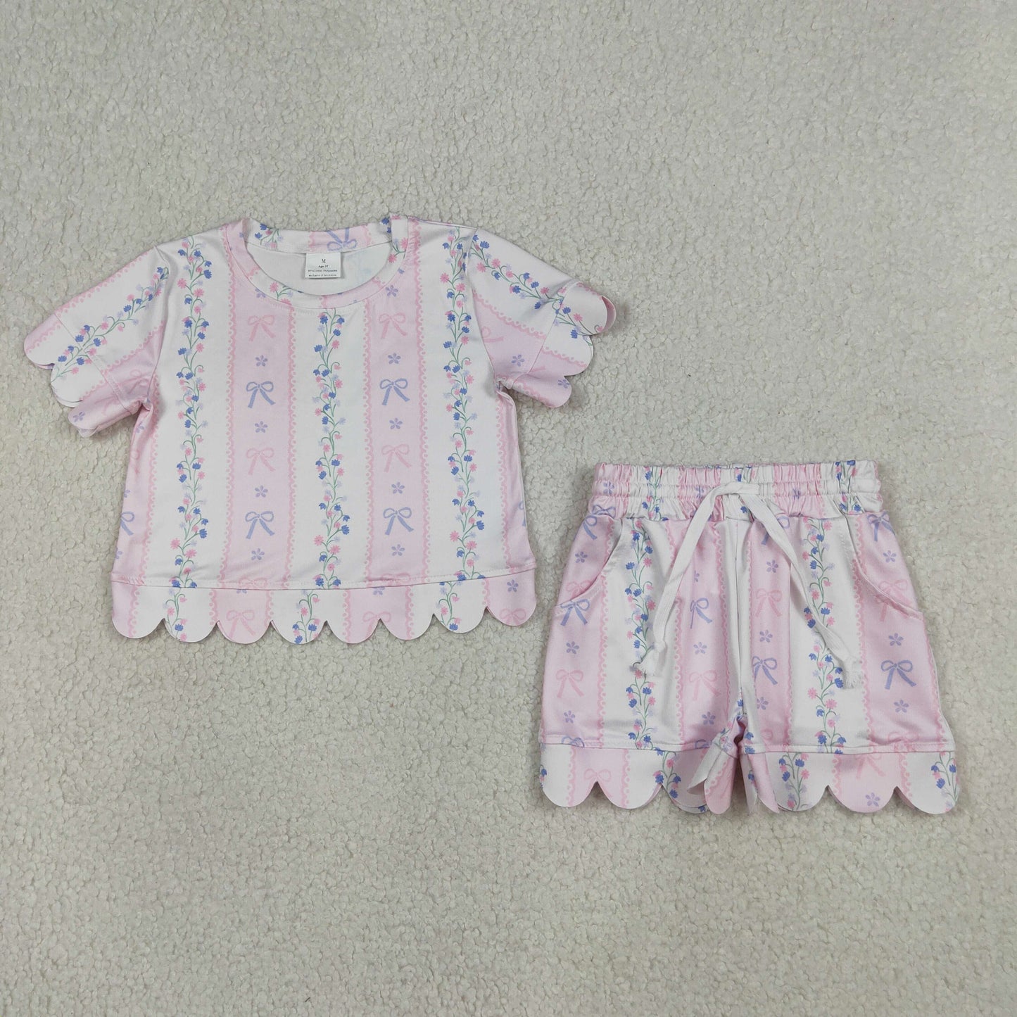 GSSO3410 Scallop Bows Flowers Pink Short Sleeve Shorts Girls Set