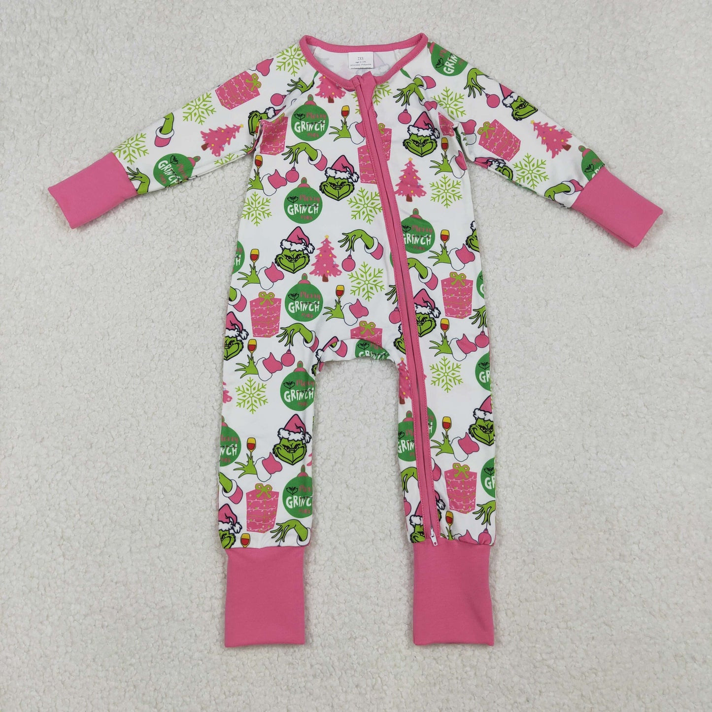 LR2588 Christmas green face tree hot pink zipper long sleeve girls romper