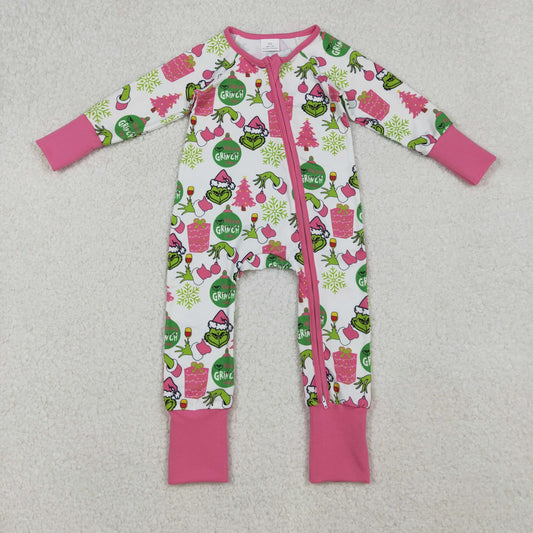 LR2588 Christmas green face tree hot pink zipper long sleeve girls romper